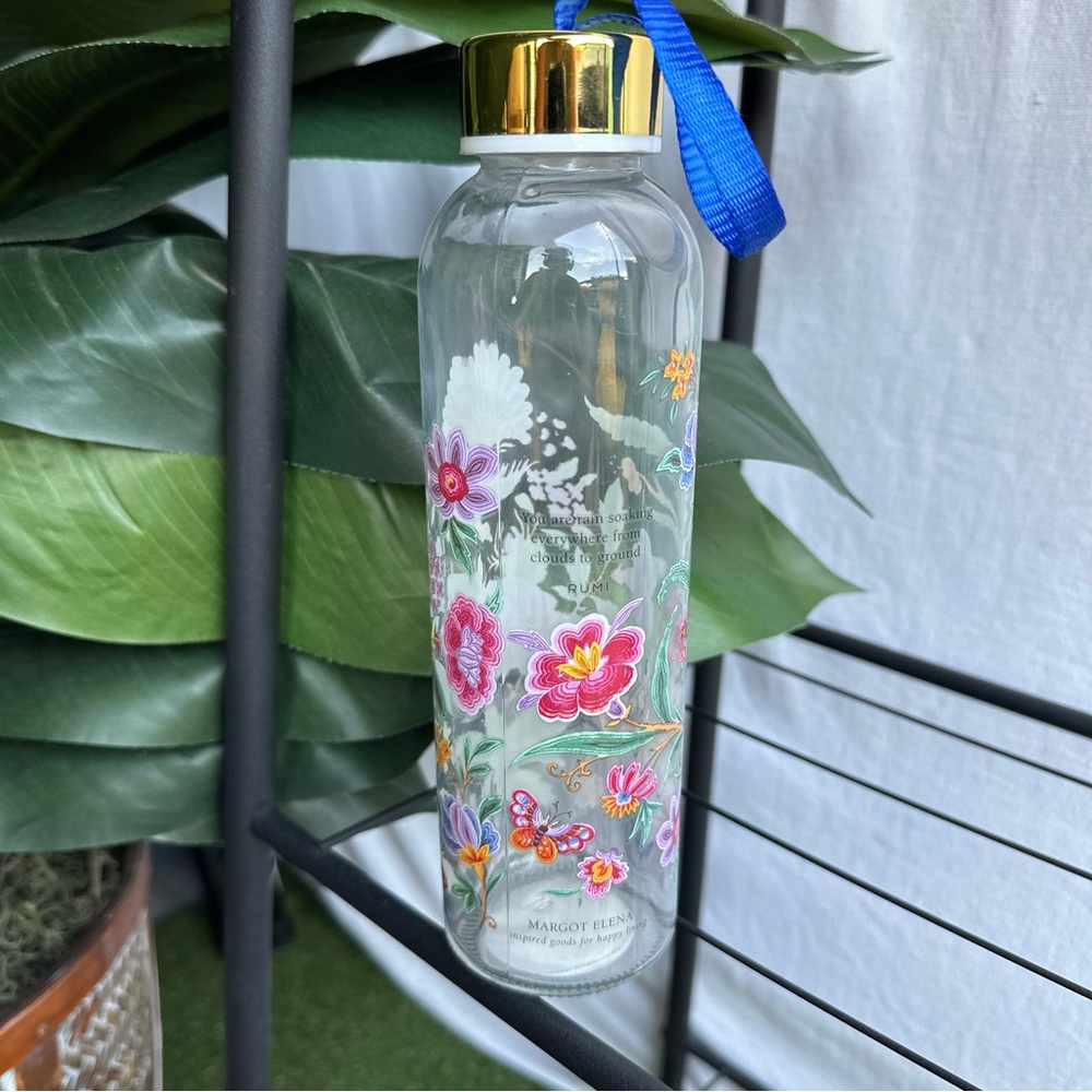 Margot Elena 16 Oz Glass Water Bottle with Floral Pattern and Quote